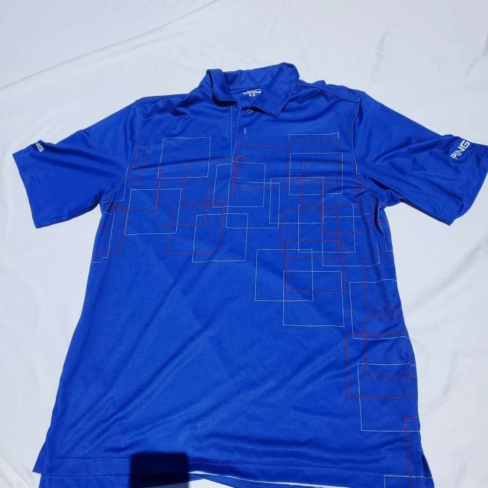Ping Mens Golf Performance Polo Short Sleeve Shirt Blue‎ Graphic Pattern Medium